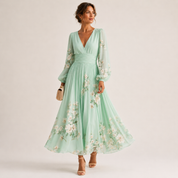 Nicola Clarke | V-Neck Chiffon Floral Midi Dress in Sage