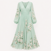 Nicola Clarke | V-Neck Chiffon Floral Midi Dress in Sage