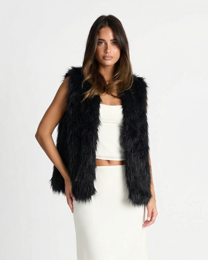 Nicolette Favreau | Faux Fur Gilet Black Sleeveless Fluffy