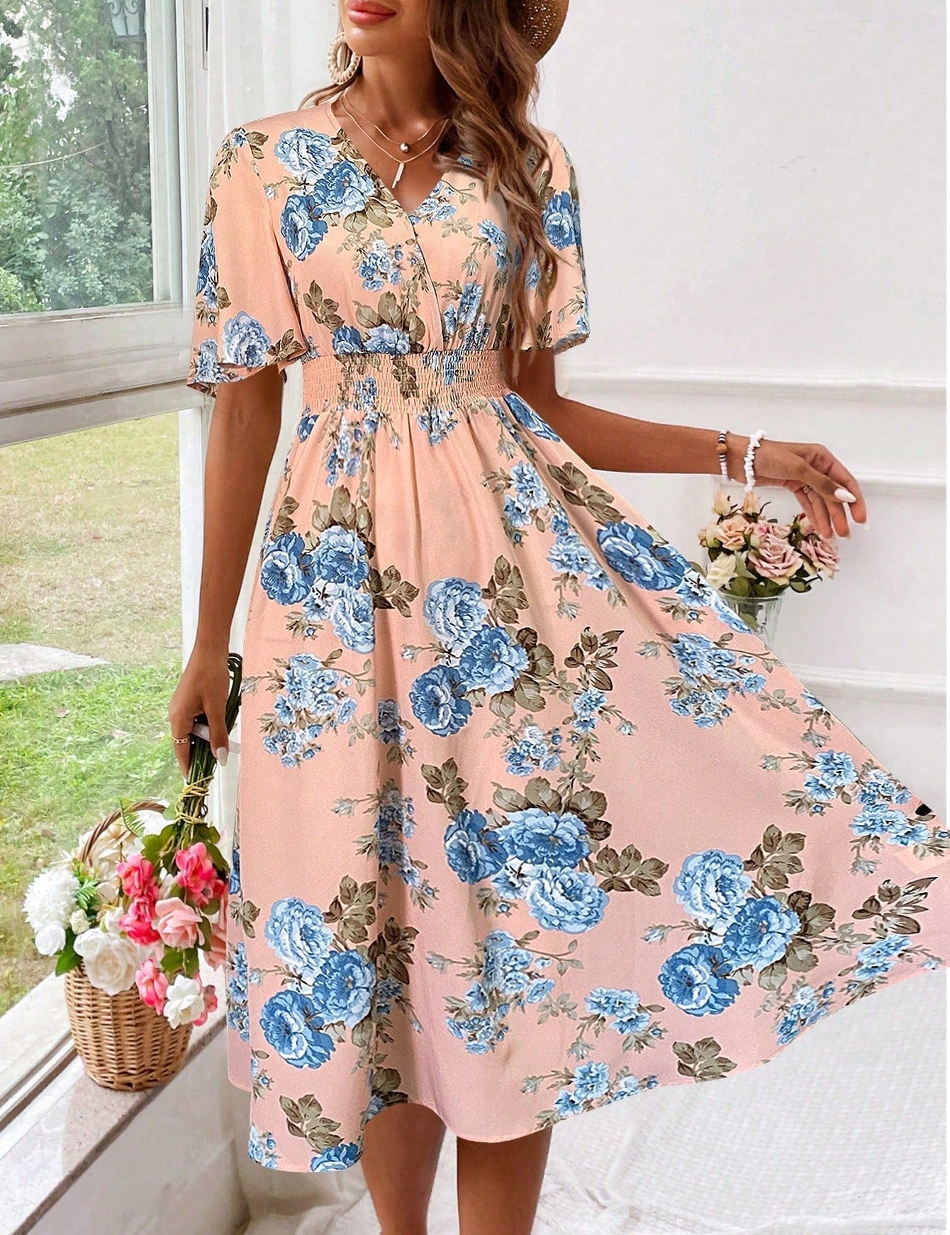 Noemi Grayson | Floral V-Neck Midi Summer Dress for Women