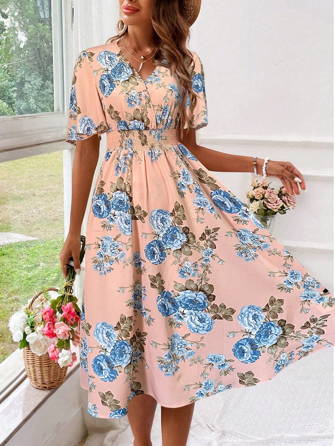 Noemi Grayson | Floral V-Neck Midi Summer Dress for Women