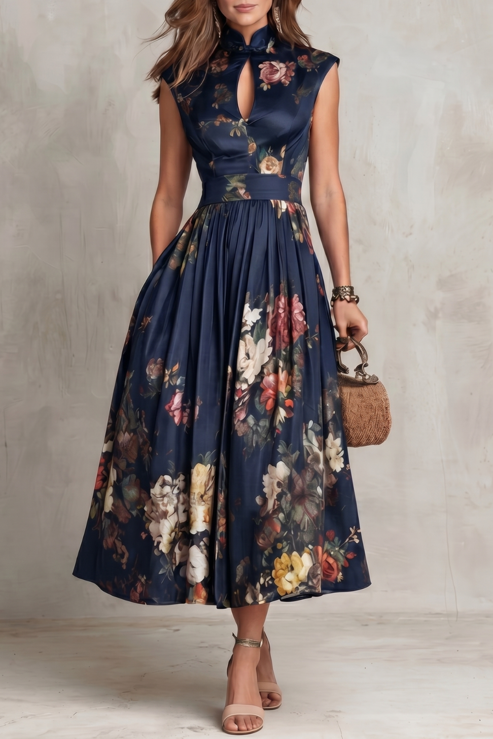 Dorothea Reynolds | Noirelle Vintage Floral Midi Dress with Keyhole Mandarin Collar