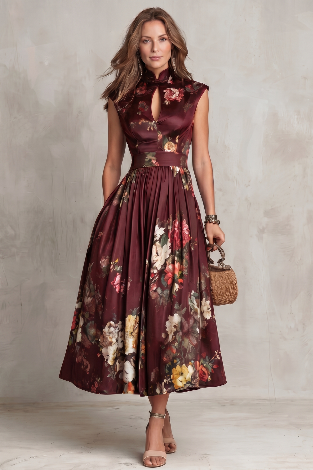 Dorothea Reynolds | Noirelle Vintage Floral Midi Dress with Keyhole Mandarin Collar