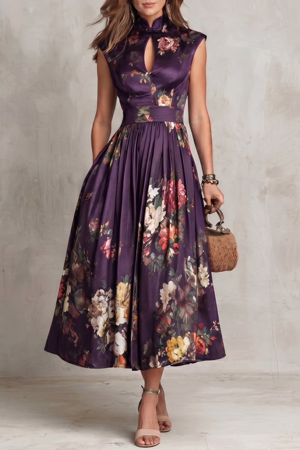 Dorothea Reynolds | Noirelle Vintage Floral Midi Dress with Keyhole Mandarin Collar