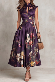 Dorothea Reynolds | Noirelle Vintage Floral Midi Dress with Keyhole Mandarin Collar