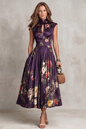 Dorothea Reynolds | Noirelle Vintage Floral Midi Dress with Keyhole Mandarin Collar