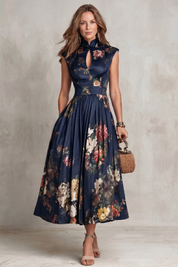 Dorothea Reynolds | Noirelle Vintage Floral Midi Dress with Keyhole Mandarin Collar