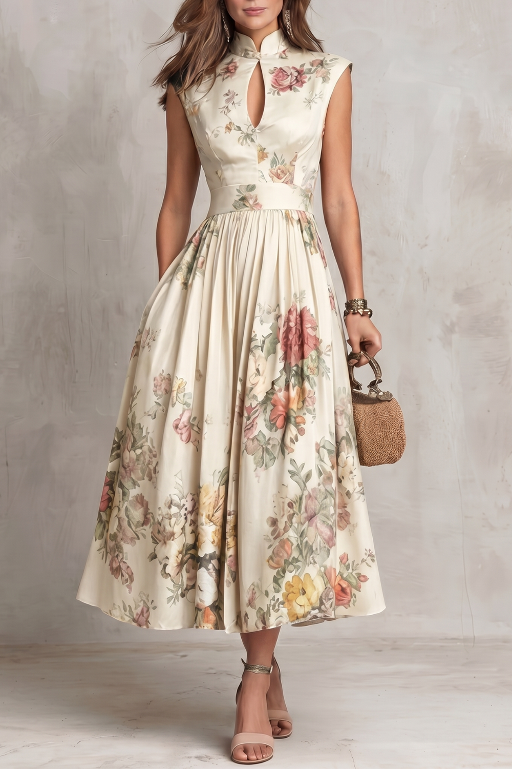 Dorothea Reynolds | Noirelle Vintage Floral Midi Dress with Keyhole Mandarin Collar