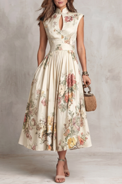 Dorothea Reynolds | Noirelle Vintage Floral Midi Dress with Keyhole Mandarin Collar