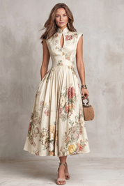 Dorothea Reynolds | Noirelle Vintage Floral Midi Dress with Keyhole Mandarin Collar
