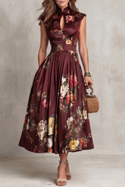 Dorothea Reynolds | Noirelle Vintage Floral Midi Dress with Keyhole Mandarin Collar