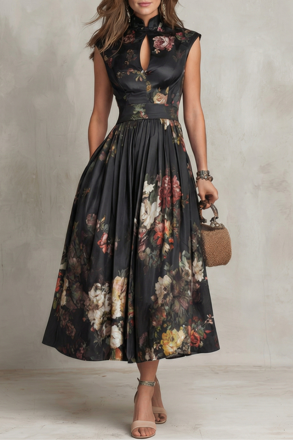 Dorothea Reynolds | Noirelle Vintage Floral Midi Dress with Keyhole Mandarin Collar