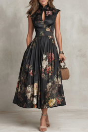 Dorothea Reynolds | Noirelle Vintage Floral Midi Dress with Keyhole Mandarin Collar