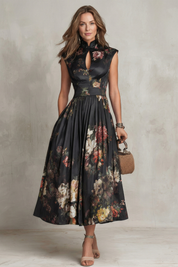 Dorothea Reynolds | Noirelle Vintage Floral Midi Dress with Keyhole Mandarin Collar