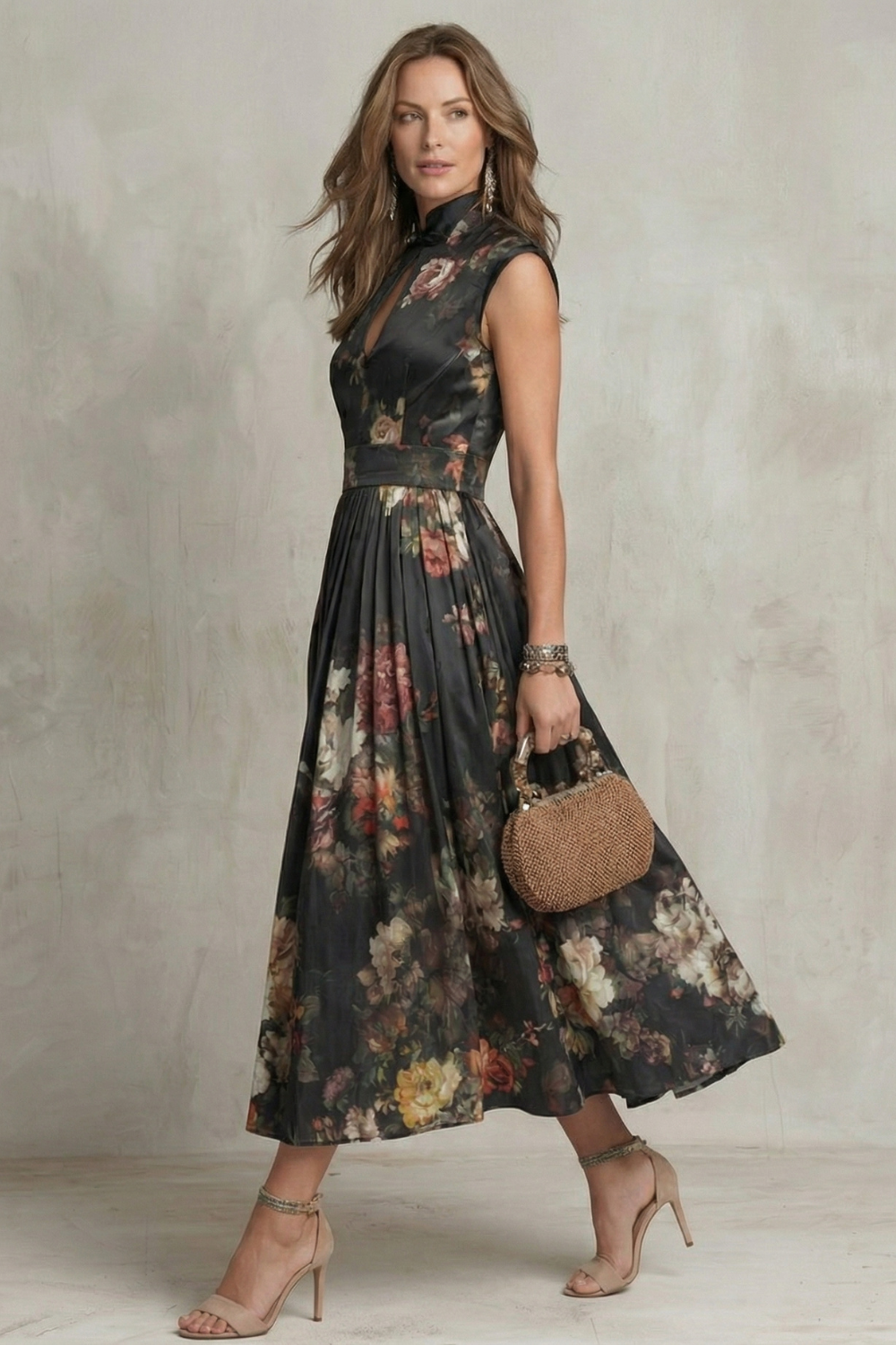 Dorothea Reynolds | Noirelle Vintage Floral Midi Dress with Keyhole Mandarin Collar