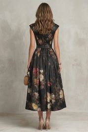 Dorothea Reynolds | Noirelle Vintage Floral Midi Dress with Keyhole Mandarin Collar
