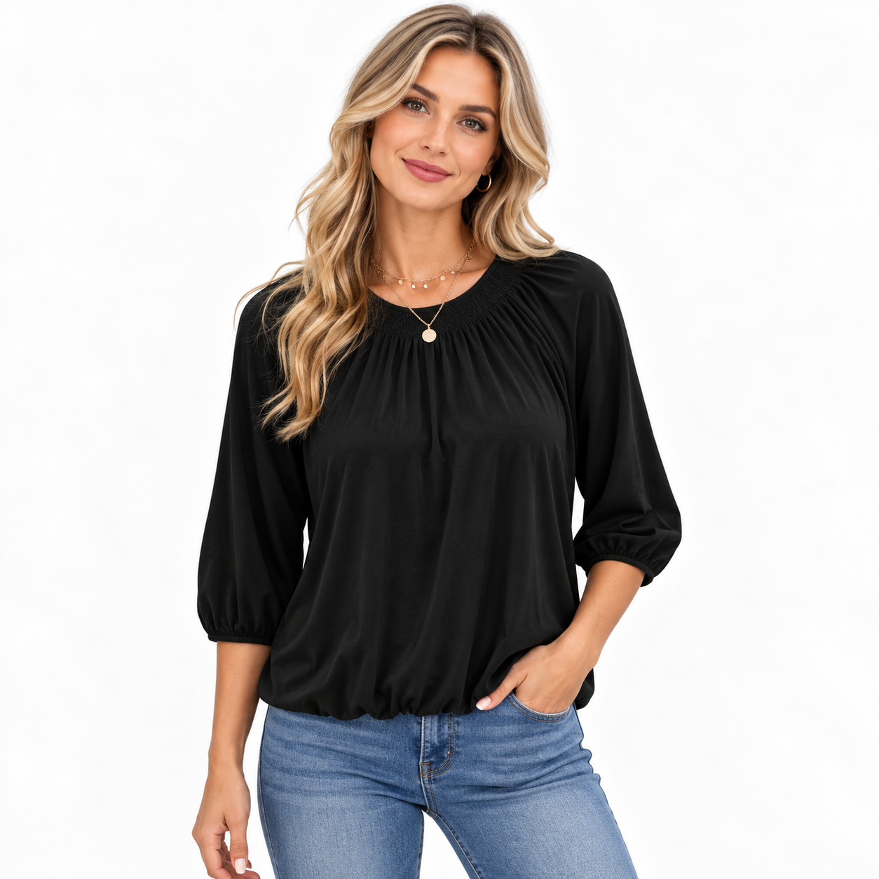 NoraFairbanksSmockedNecklineTopWith34Sleeves-model.png