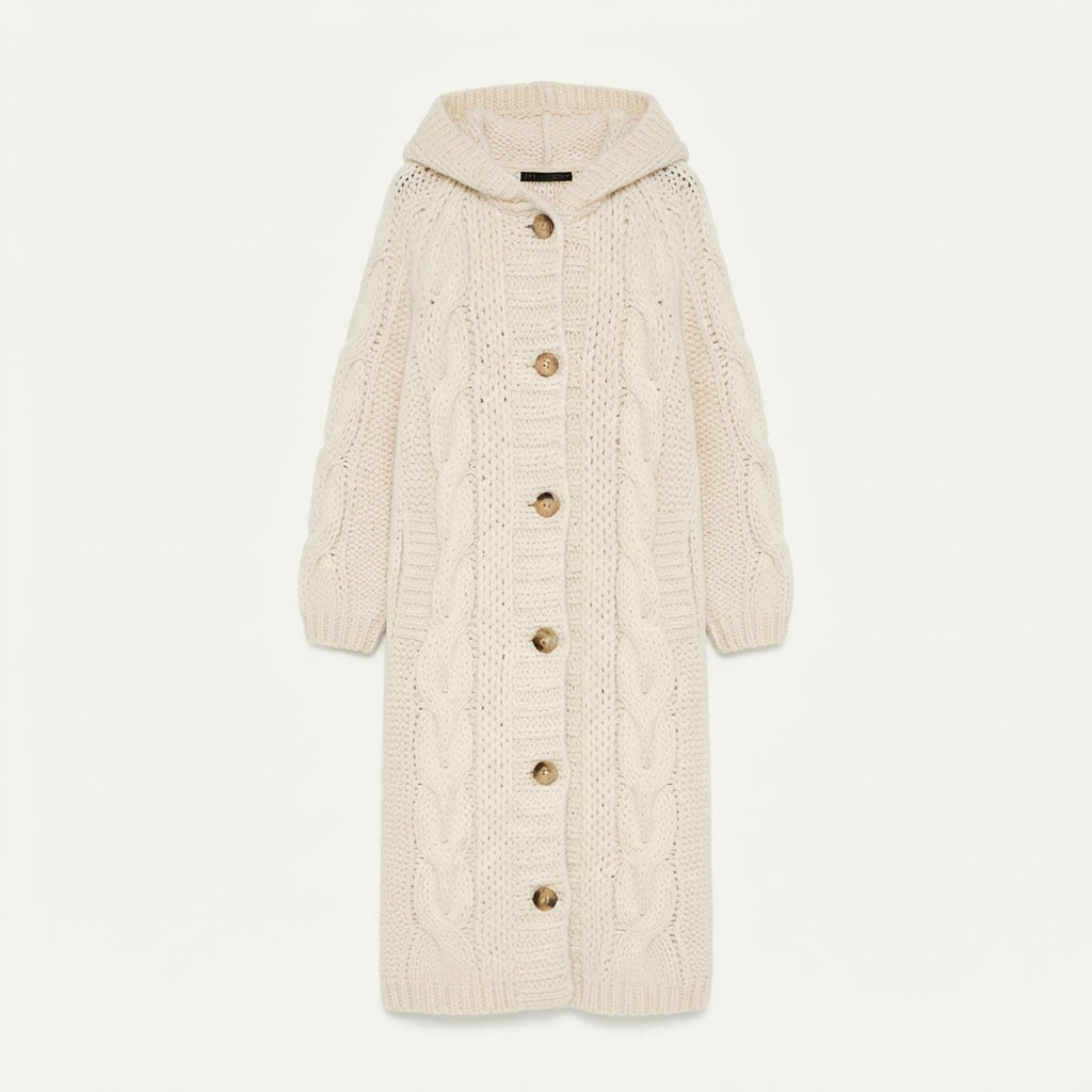 Nora Fenchurch | Manteau cardigan à capuche en maille torsadée épaisse