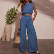 Poppy Harrison | Denim Crop Top & Wide-Leg Trouser Set