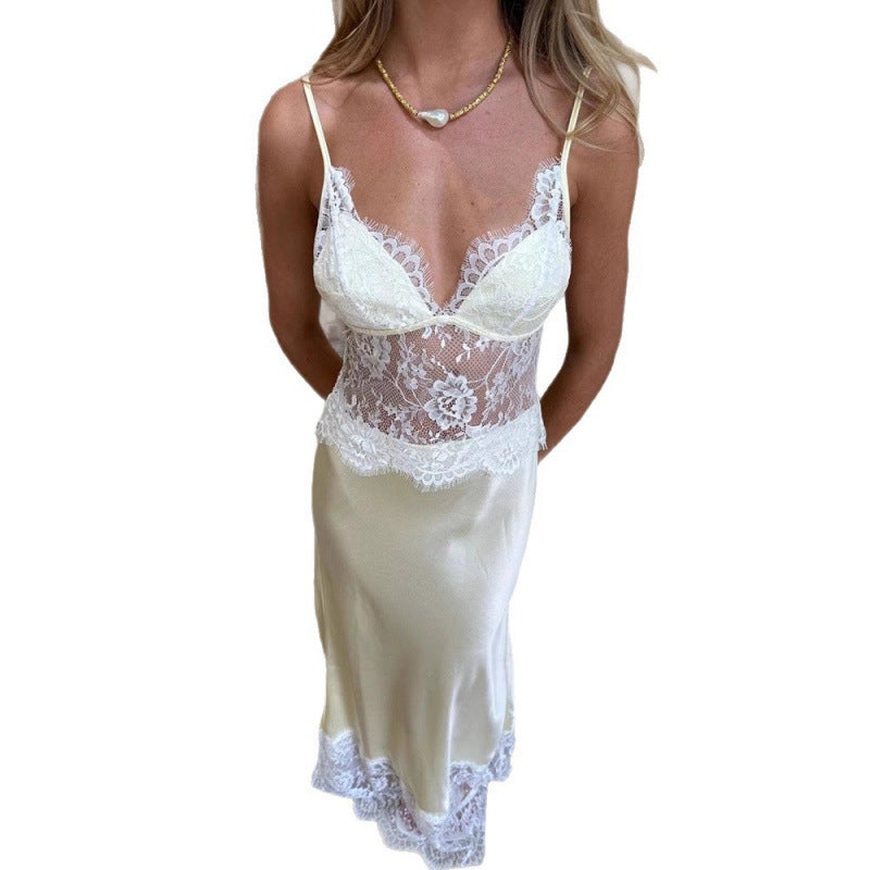 Arabella Thompson | Ivory Satin Midi Nightgown with Lace Insert
