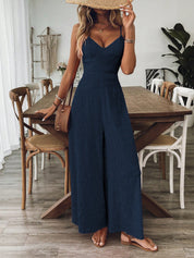 Cecily Brown | Wide-Leg Spaghetti Strap Jumpsuit in Navy Texture