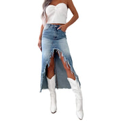 Freya Walker | Mid-Length Denim Skirt with Frayed Hem & High Slit
