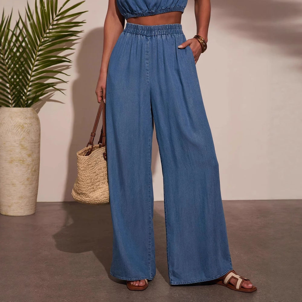 Poppy Harrison | Denim Crop Top & Wide-Leg Trouser Set