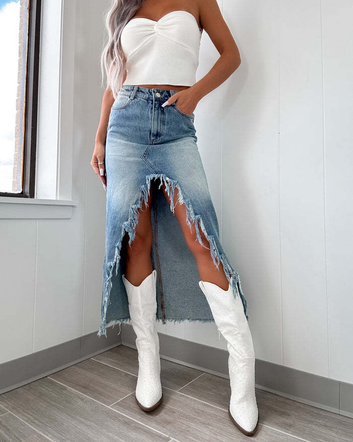 Freya Walker | Mid-Length Denim Skirt with Frayed Hem & High Slit