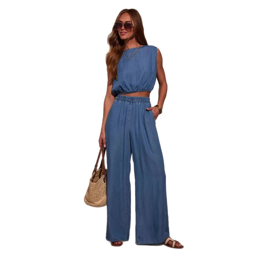 Poppy Harrison | Denim Crop Top & Wide-Leg Trouser Set