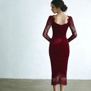 Beatrice Griffiths | Burgundy Velvet Lace Sleeve Sheath Midi Dress