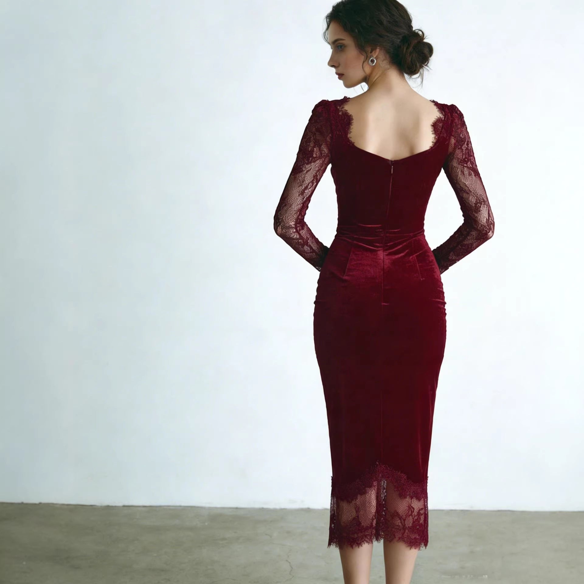 Beatrice Griffiths | Burgundy Velvet Lace Sleeve Sheath Midi Dress