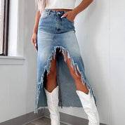Freya Walker | Mid-Length Denim Skirt with Frayed Hem & High Slit