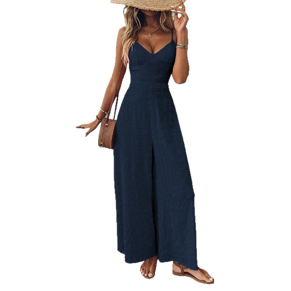 Cecily Brown | Wide-Leg Spaghetti Strap Jumpsuit in Navy Texture