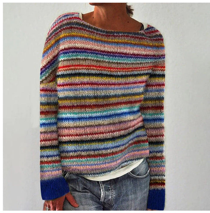 Rosalie Clarke | Rainbow Stripe Knit Sweater with Contrast Cuffs