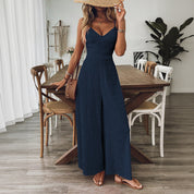 Cecily Brown | Wide-Leg Spaghetti Strap Jumpsuit in Navy Texture