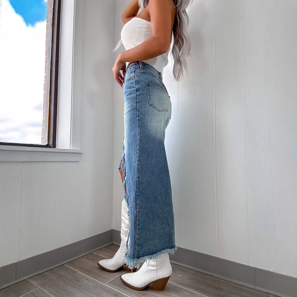 Freya Walker | Mid-Length Denim Skirt with Frayed Hem & High Slit