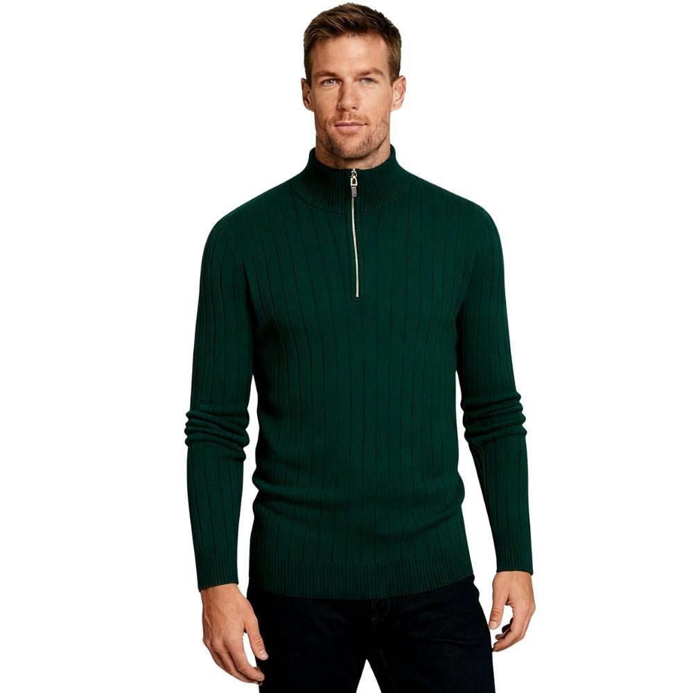 Oliver Grant | Dark Green Zip Knit Sweater For Men
