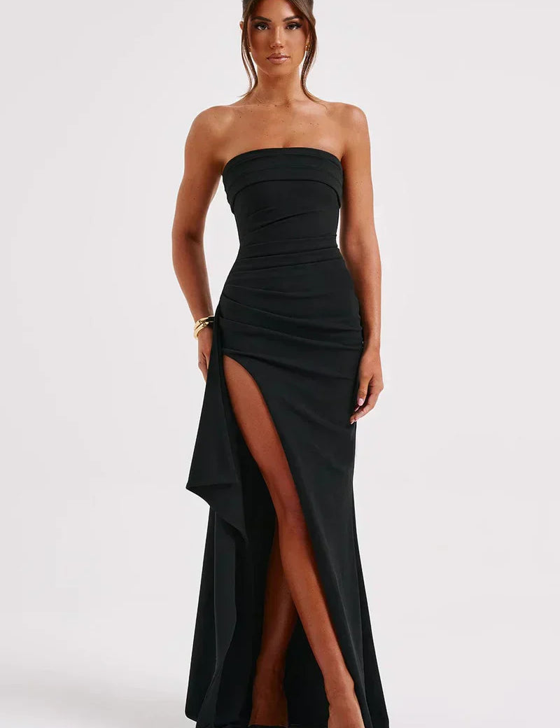 Olivia Manning | Strapless Ruched Side Slit Maxi Dress
