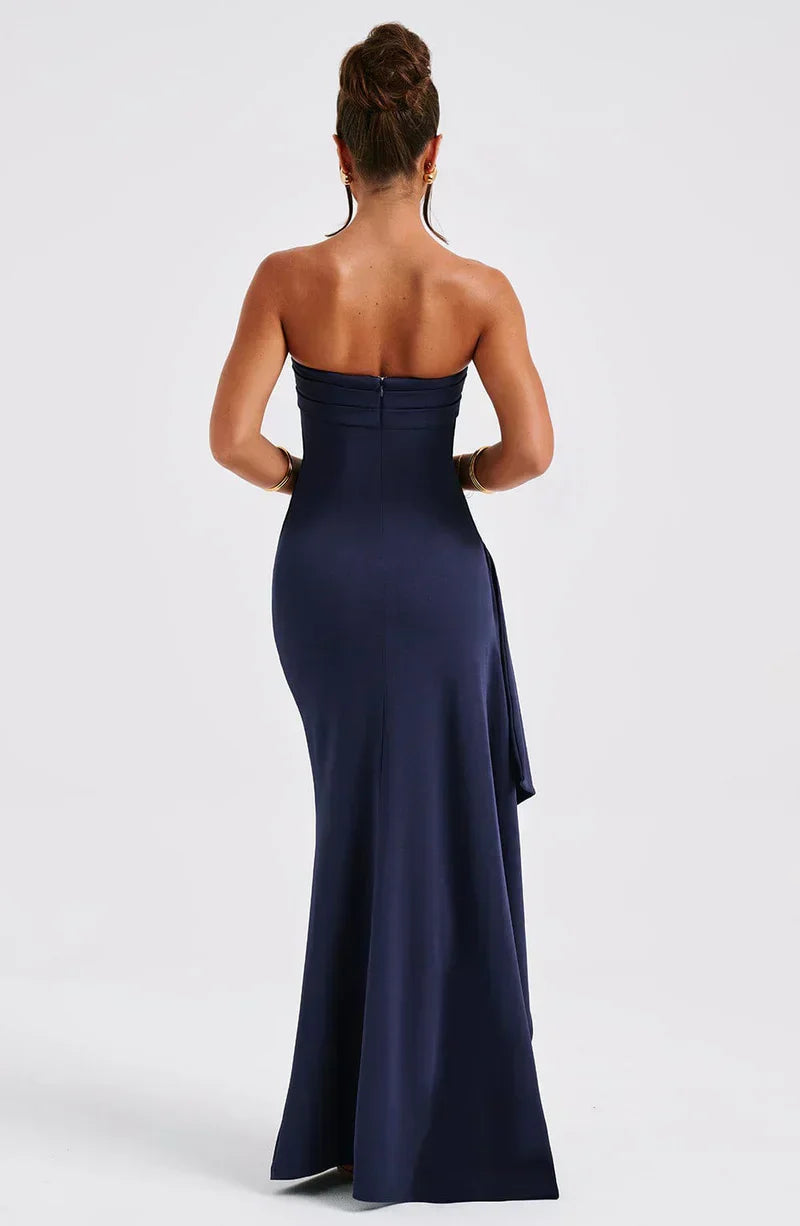 Olivia Manning | Strapless Ruched Side Slit Maxi Dress