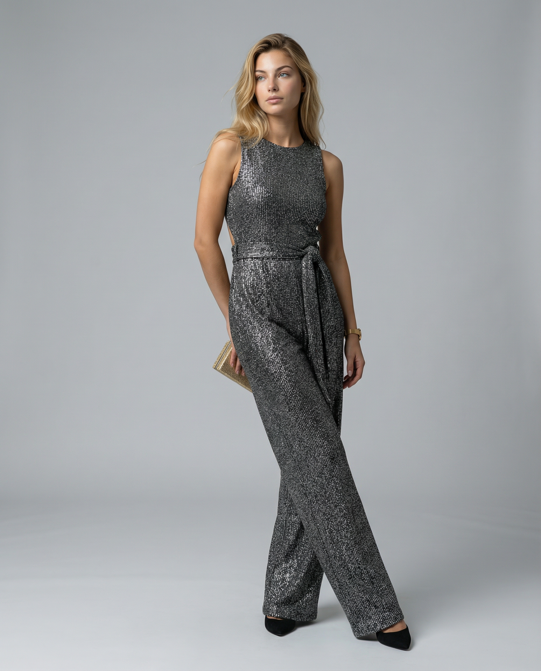 Georgiana Hill | Gold Sequin Wide-Leg Evening Jumpsuit