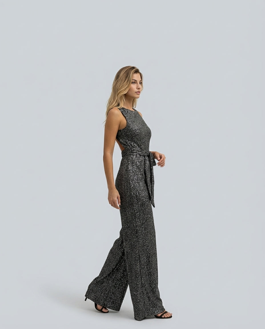 Georgiana Hill | Gold Sequin Wide-Leg Evening Jumpsuit