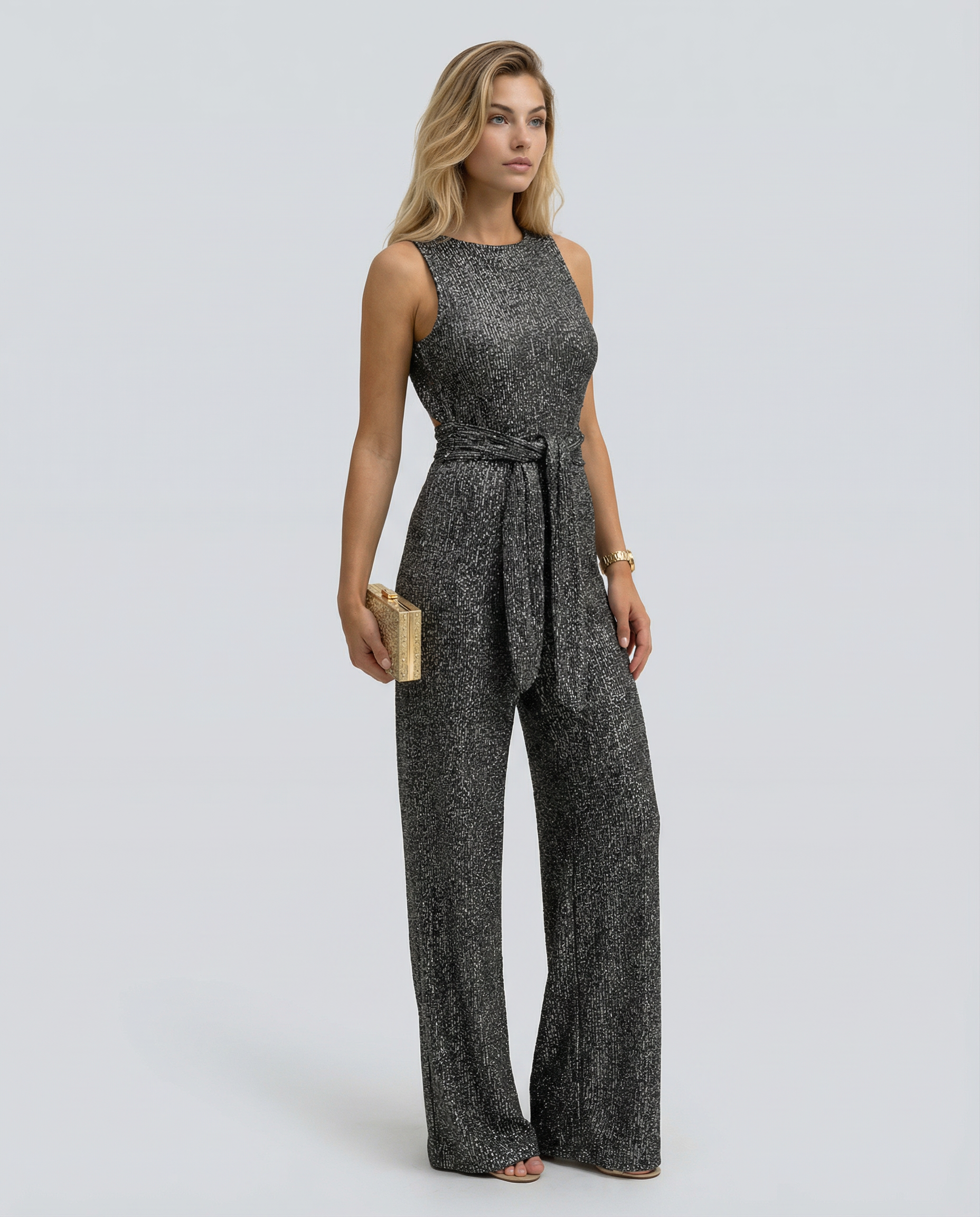 Georgiana Hill | Gold Sequin Wide-Leg Evening Jumpsuit