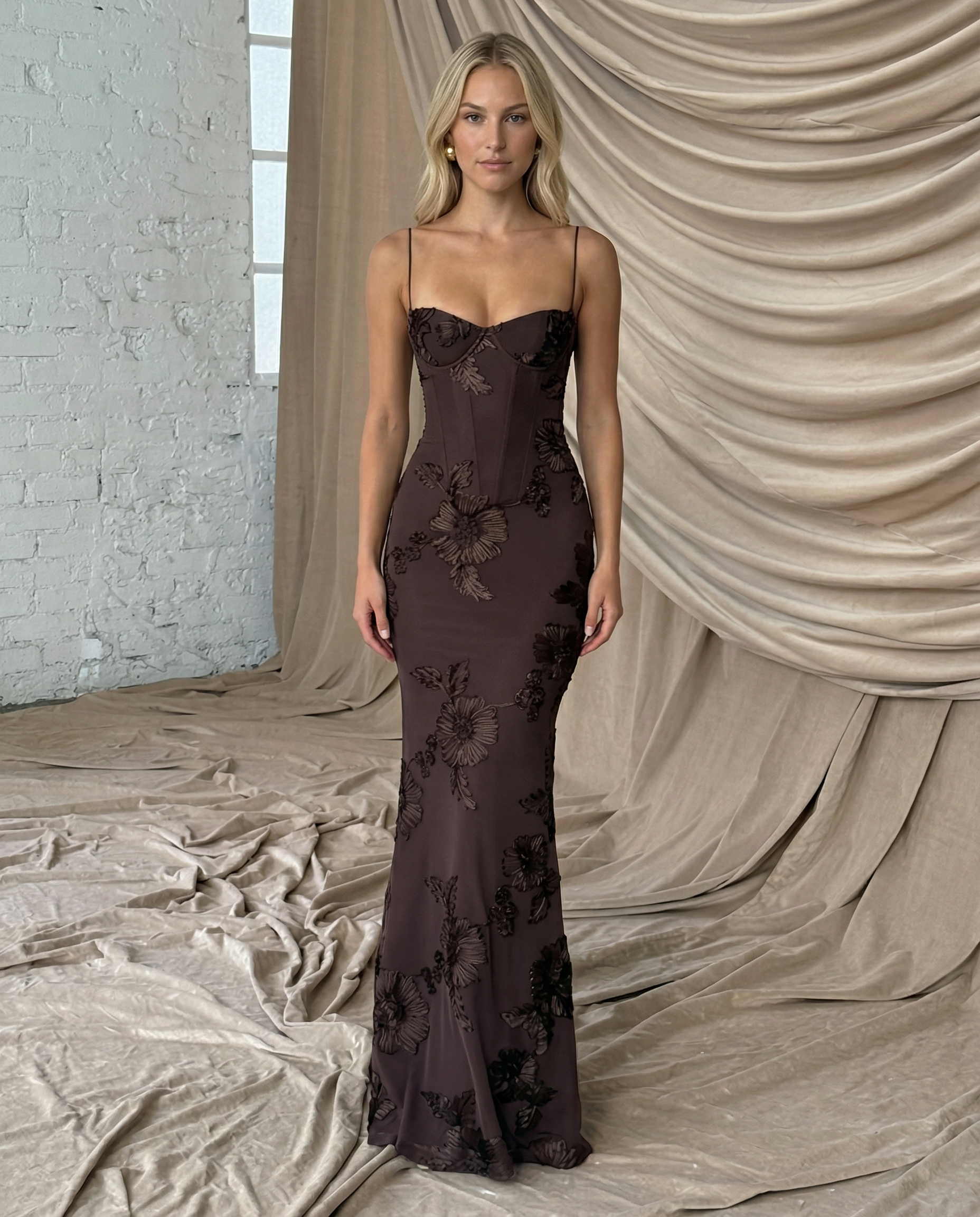 Arabella Hughes | Embroidered Mermaid Maxi Dress in Gold Champagne