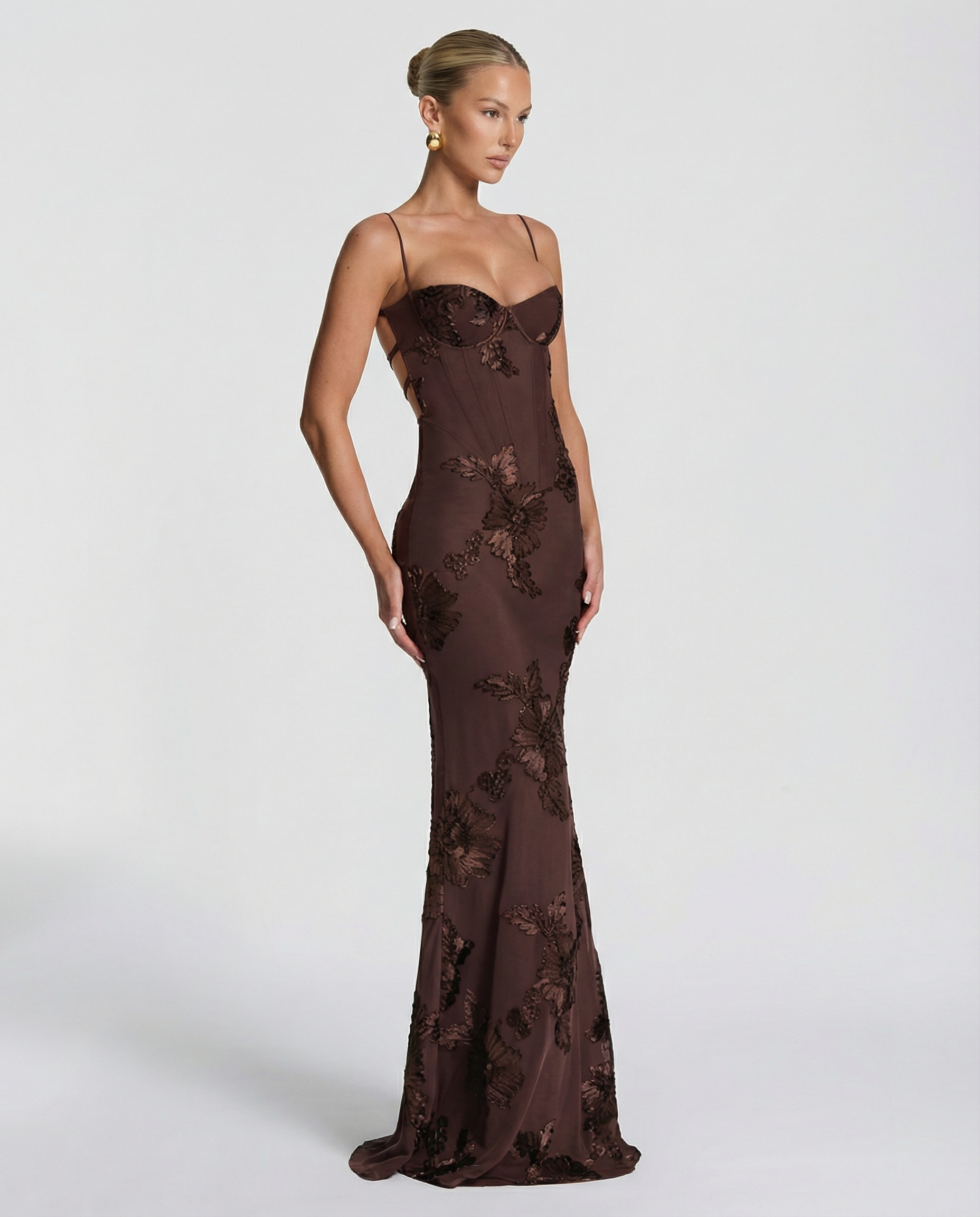 Arabella Hughes | Embroidered Mermaid Maxi Dress in Gold Champagne