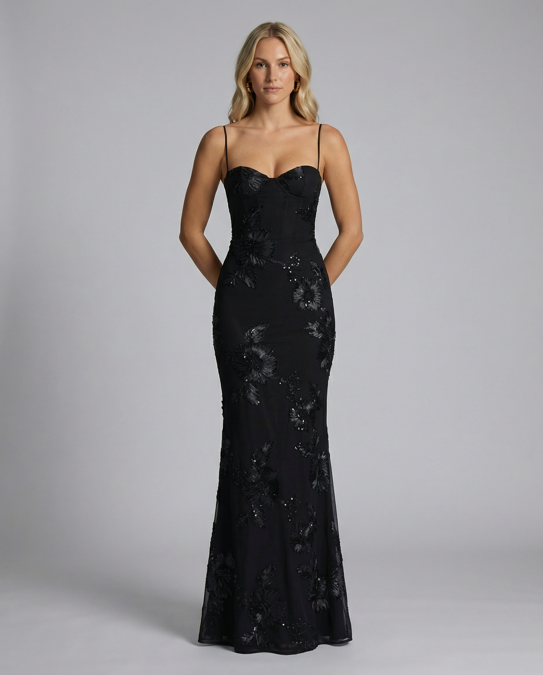 Arabella Hughes | Embroidered Mermaid Maxi Dress in Gold Champagne