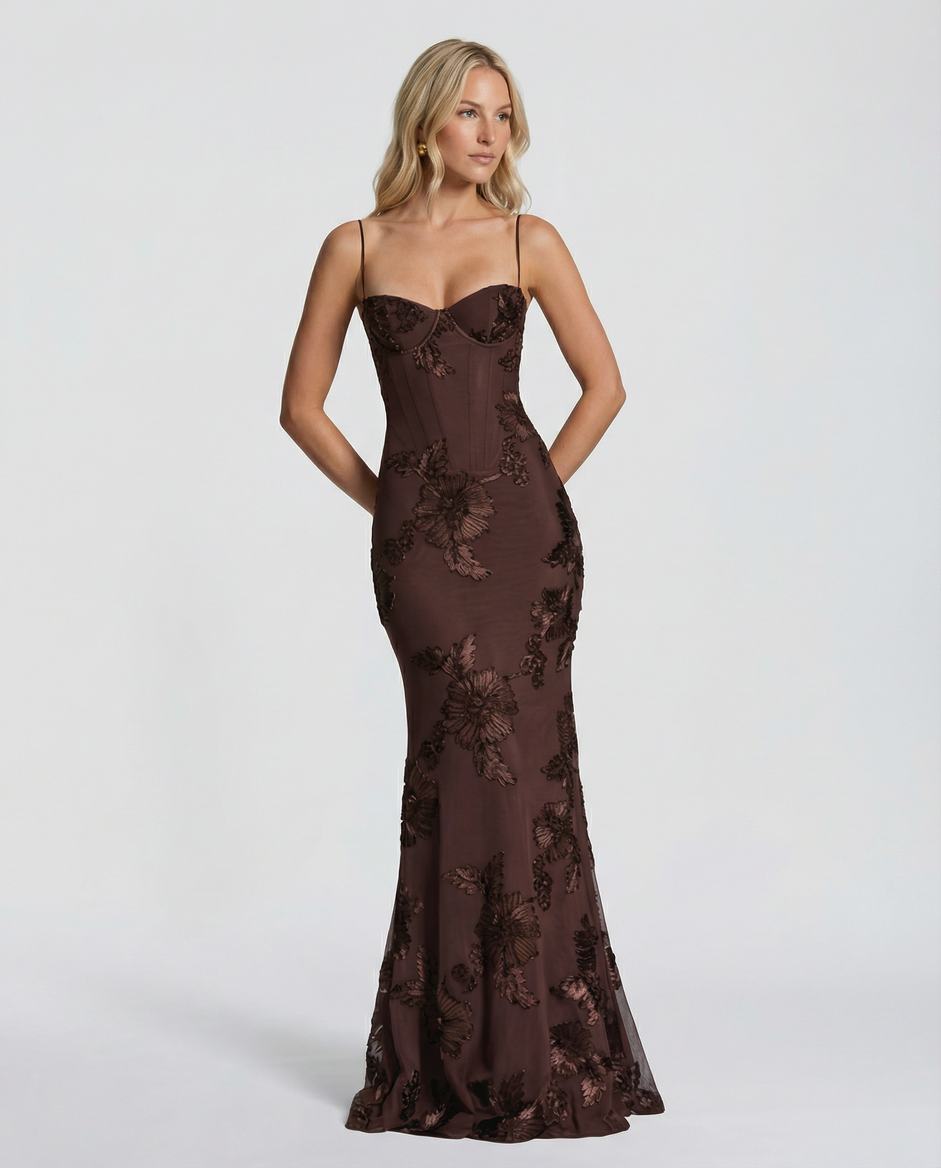 Arabella Hughes | Embroidered Mermaid Maxi Dress in Gold Champagne