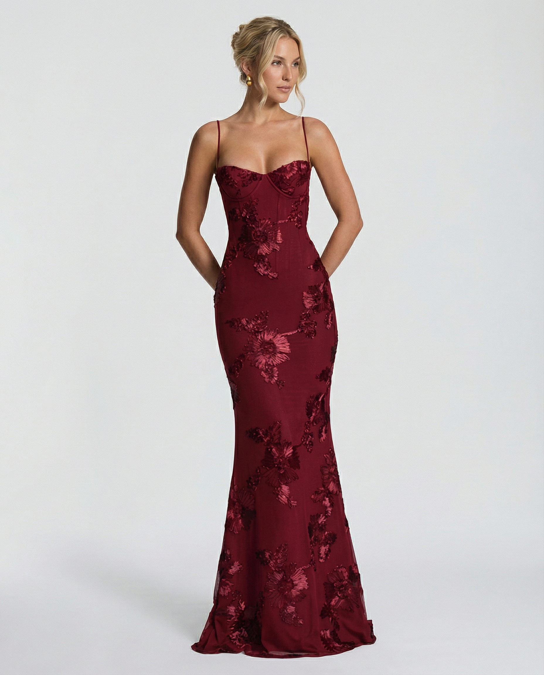 Arabella Hughes | Embroidered Mermaid Maxi Dress in Gold Champagne