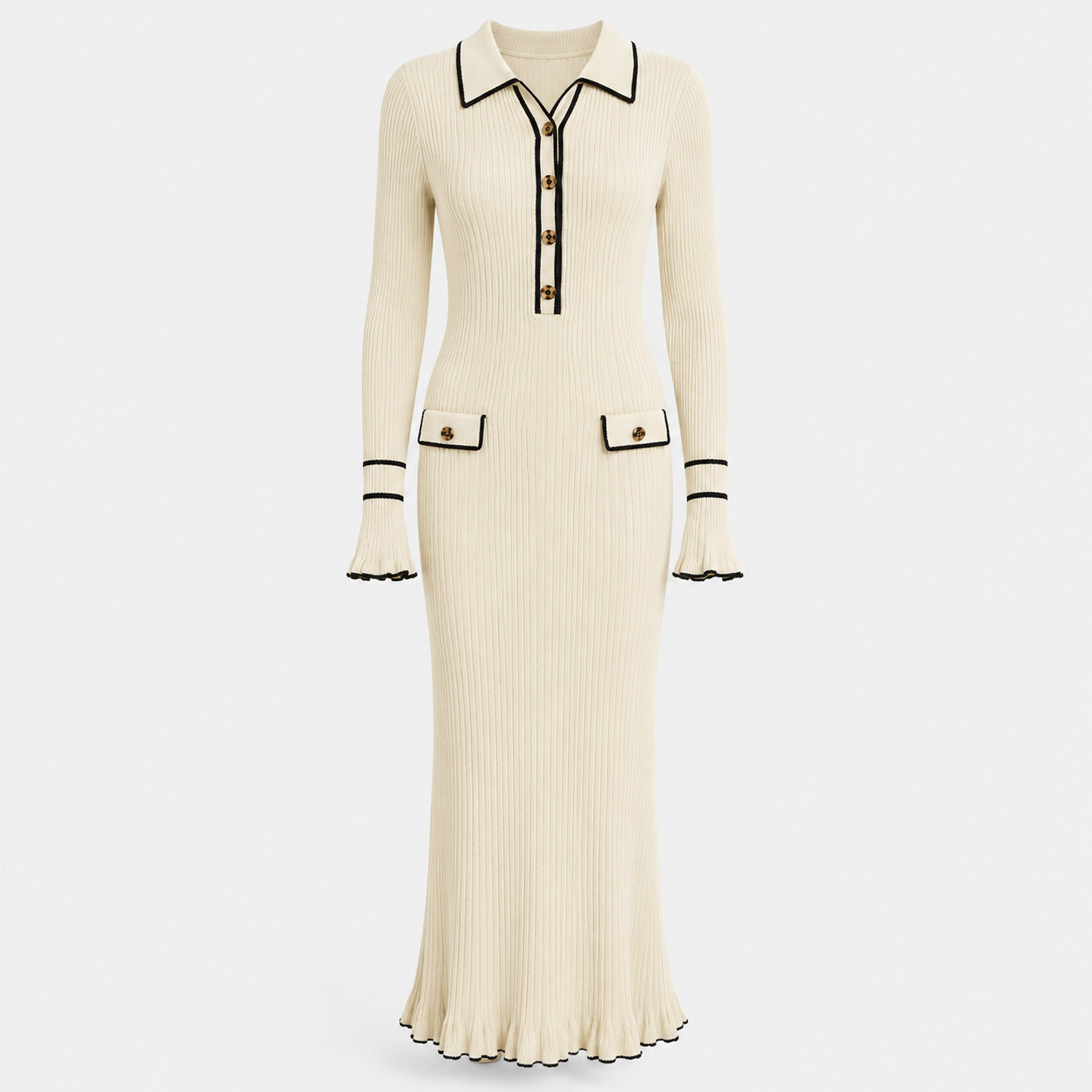 Penelope Green | Ribbed Knit Collared Midi Dress