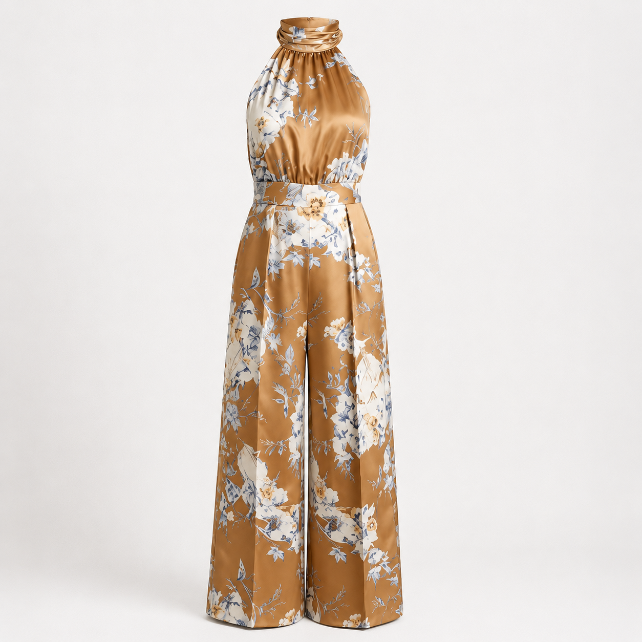 Philippa Hartwell | Romantic Floral Print Halter Jumpsuit in Gold Satin