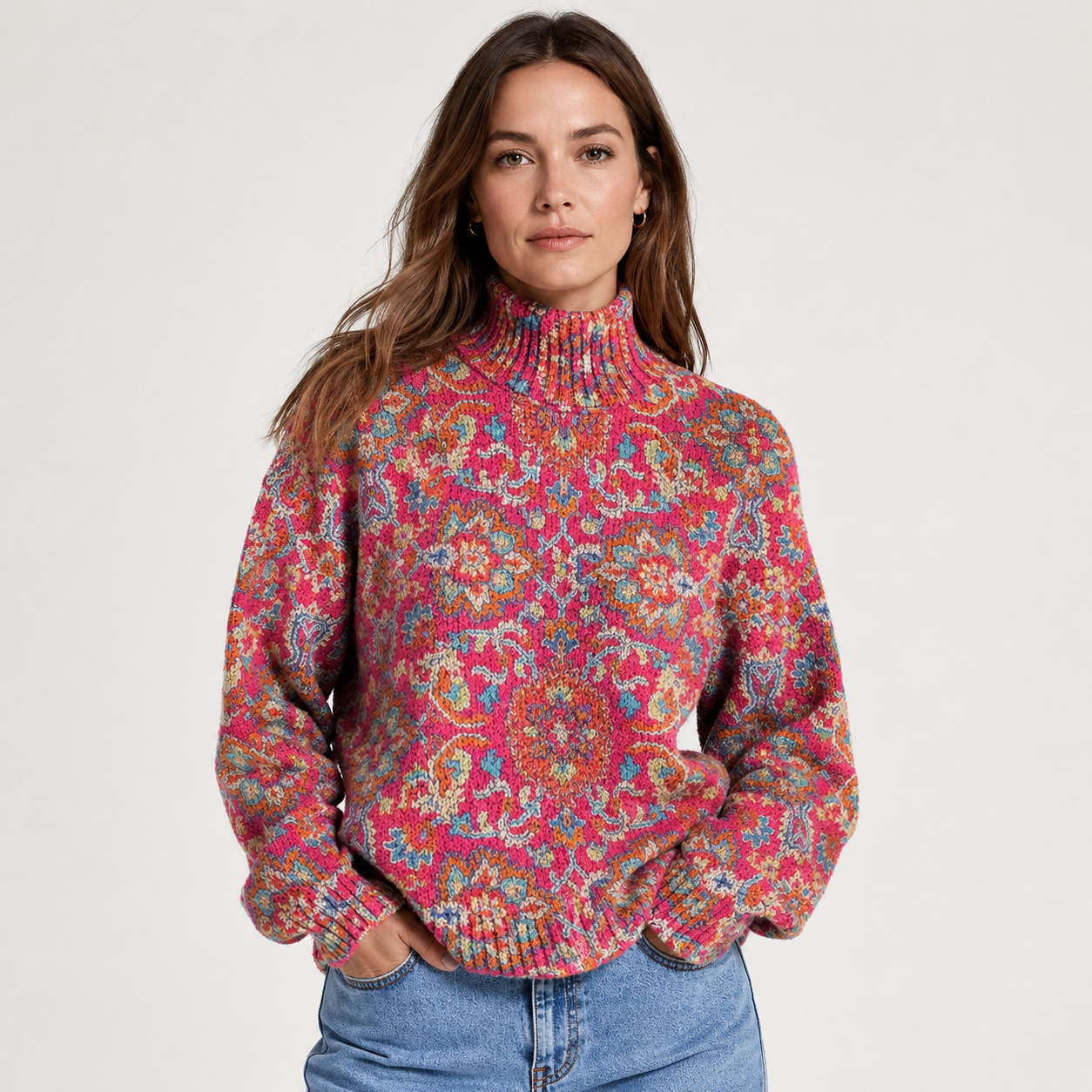 Phoebe Taylor | Pull en maille à col roulé fleuri avec imprimé botanique éclatant